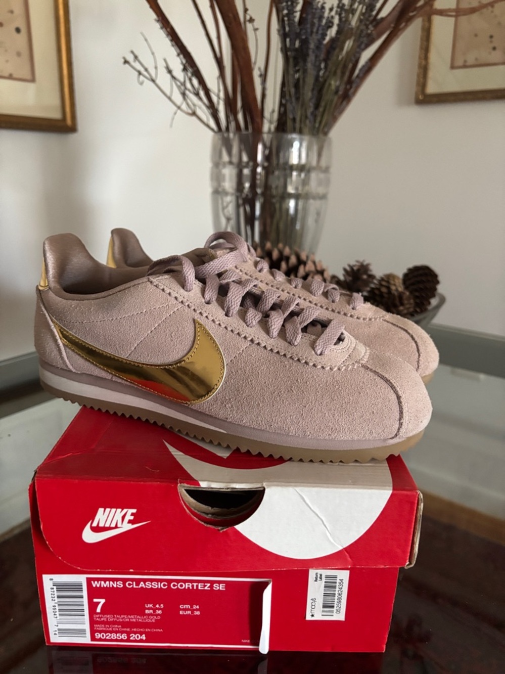 Nike CORTEZ Women’s Suede Sneakers in Blush Pink with Metallic Gold Swoosh